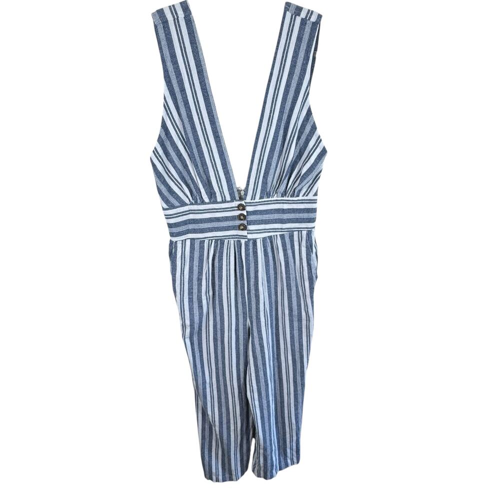 Stevie Hender 100% Cotton Blue White Striped Sleeveless Cropped Jumpsuit Size M